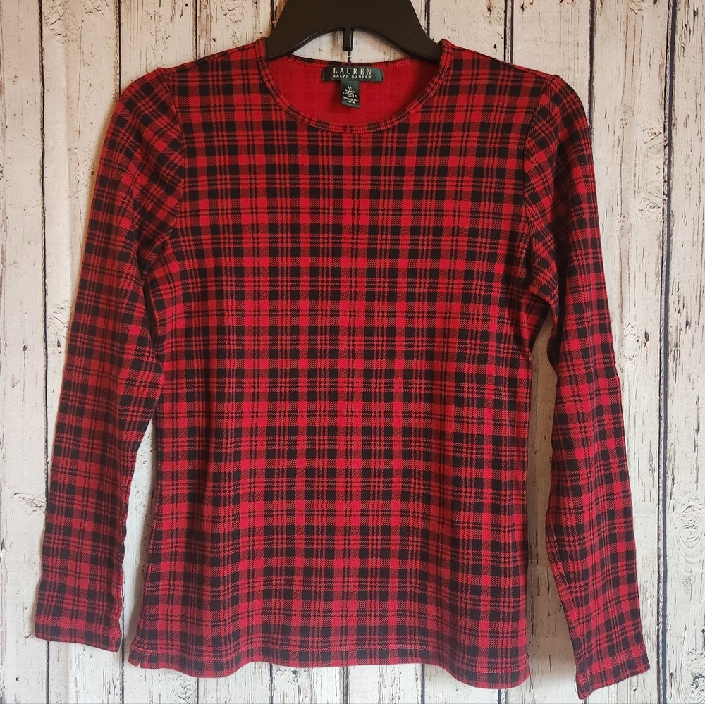 Lauren Ralph Lauren Red Black Plaid Long Sleeve Top Cotton Size Medium M